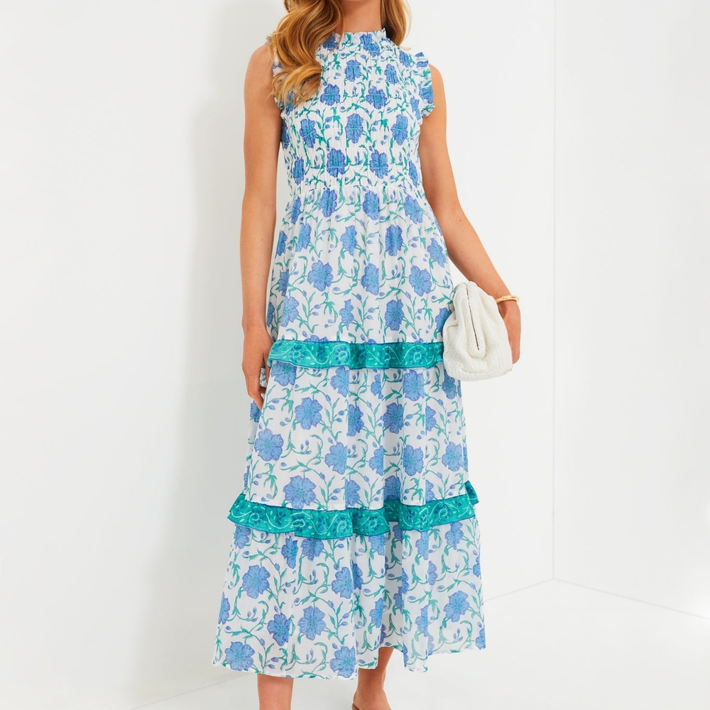 NWT Oliphant Poppy Blue Floral Blue and Green Maxi Dress XXS